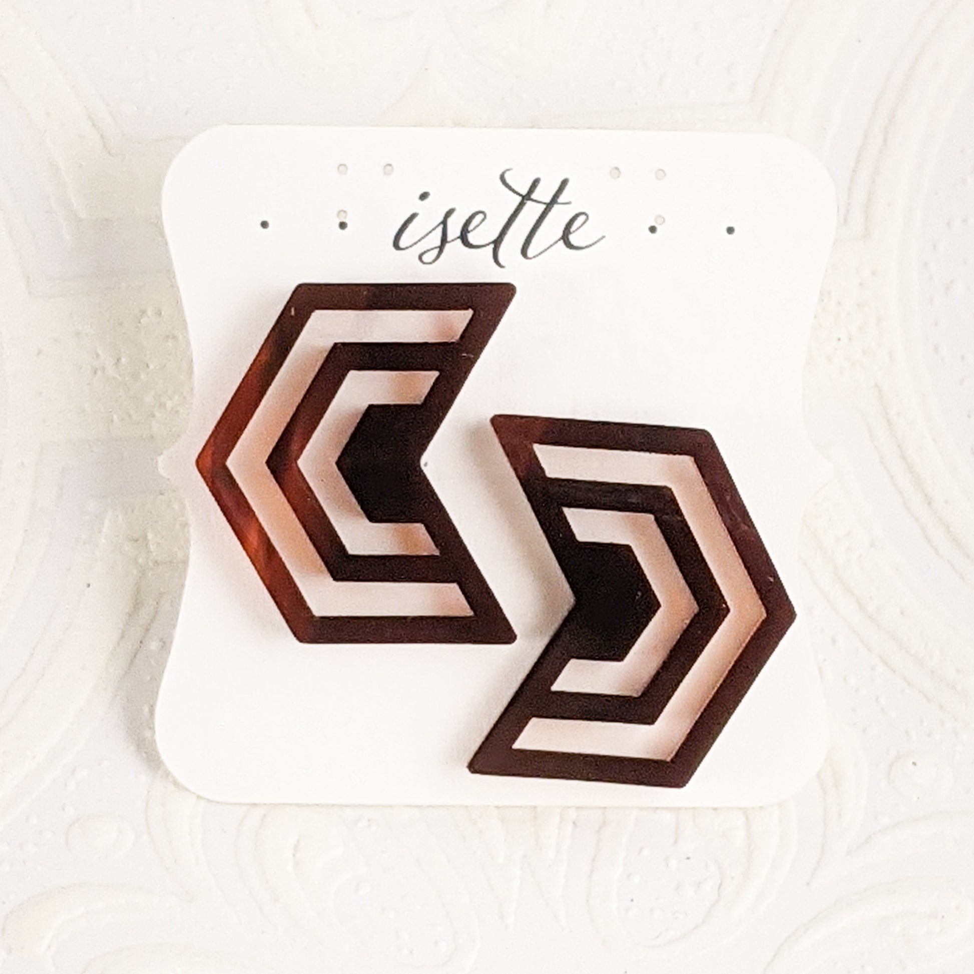 Warm translucent brown and gold tortoiseshell acrylic cut into Irregular Radiating Hexagon Earrings on earring card by Isette